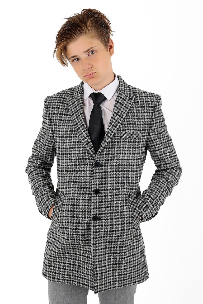 Jungen Woll-Birdseye-Tweed-Midi-Mantel mit schmaler Passform - Light Grey