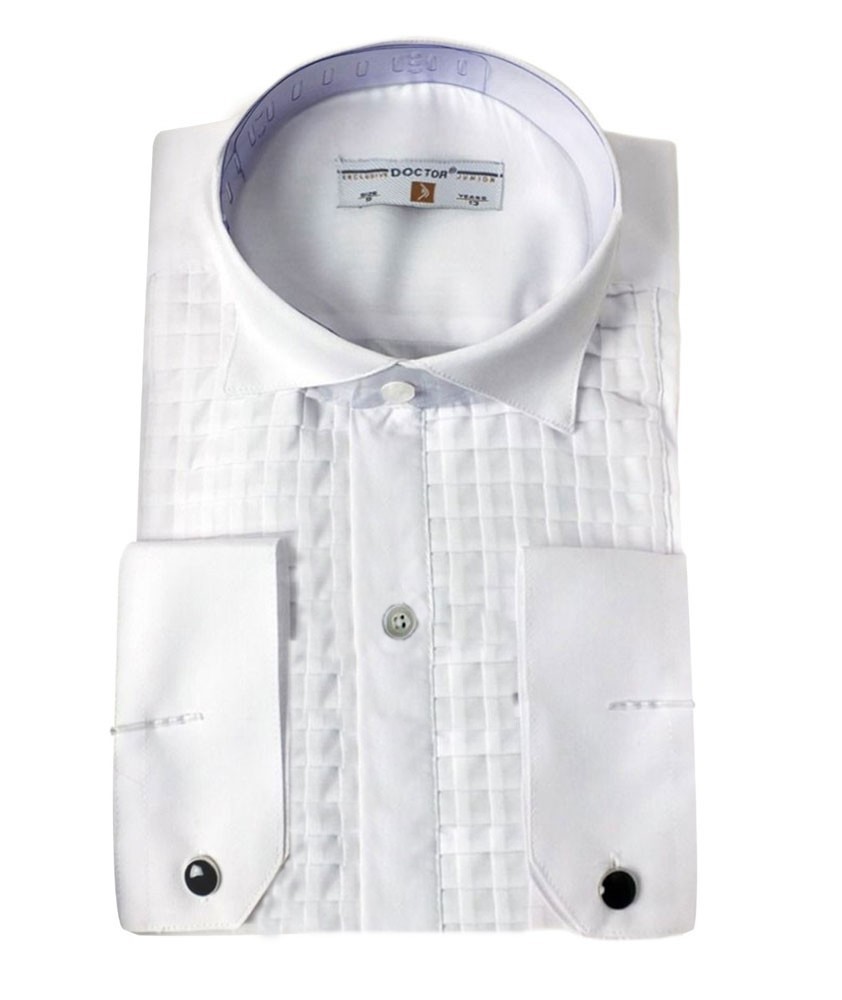 Boys Wing Collar Square Pleated Cufflink Shirt - White