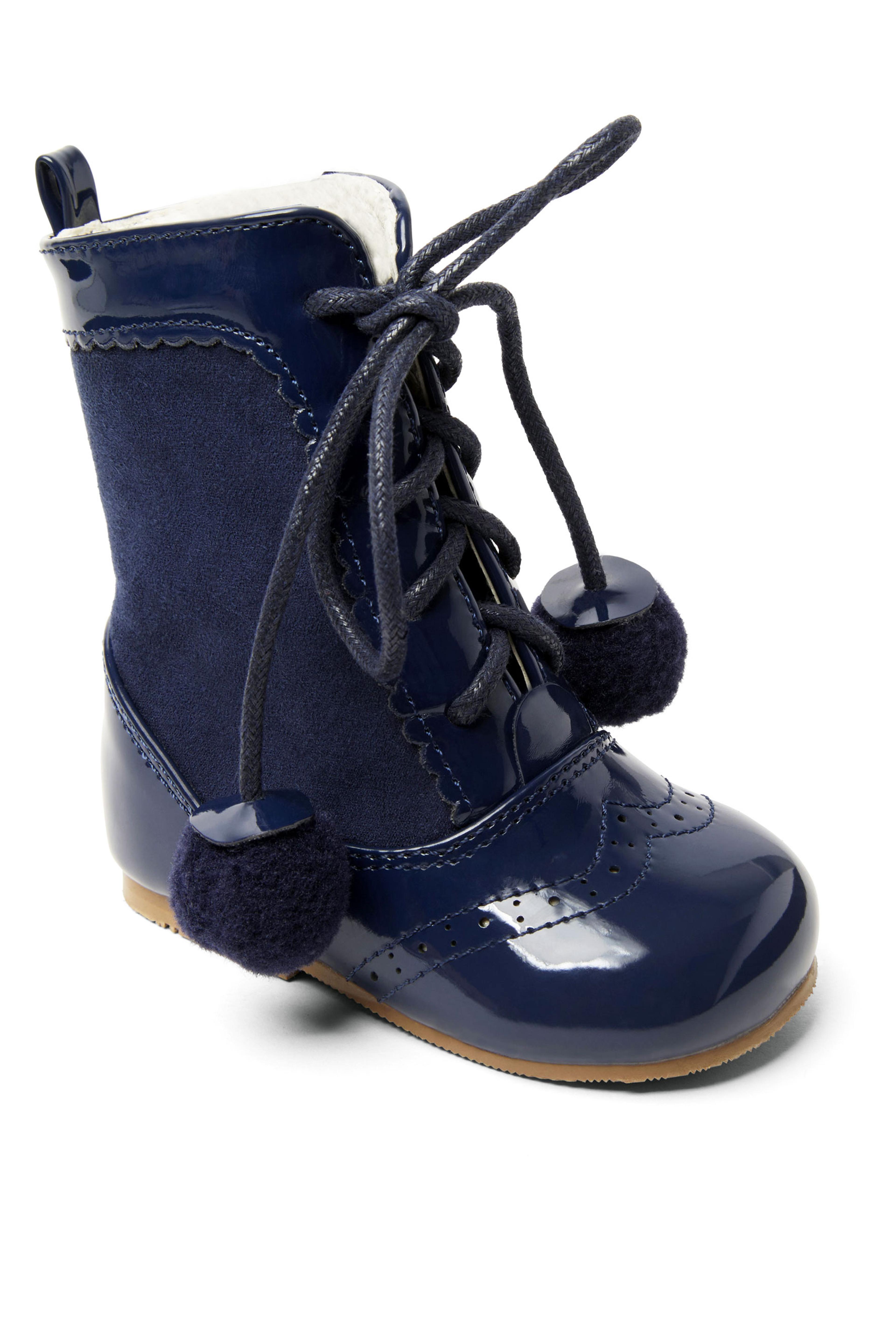 Kids Patent Leather Sienna Brogue Boots with Lace-Up and Pom-Pom Details, Unisex Classic Footwear - Navy Blue
