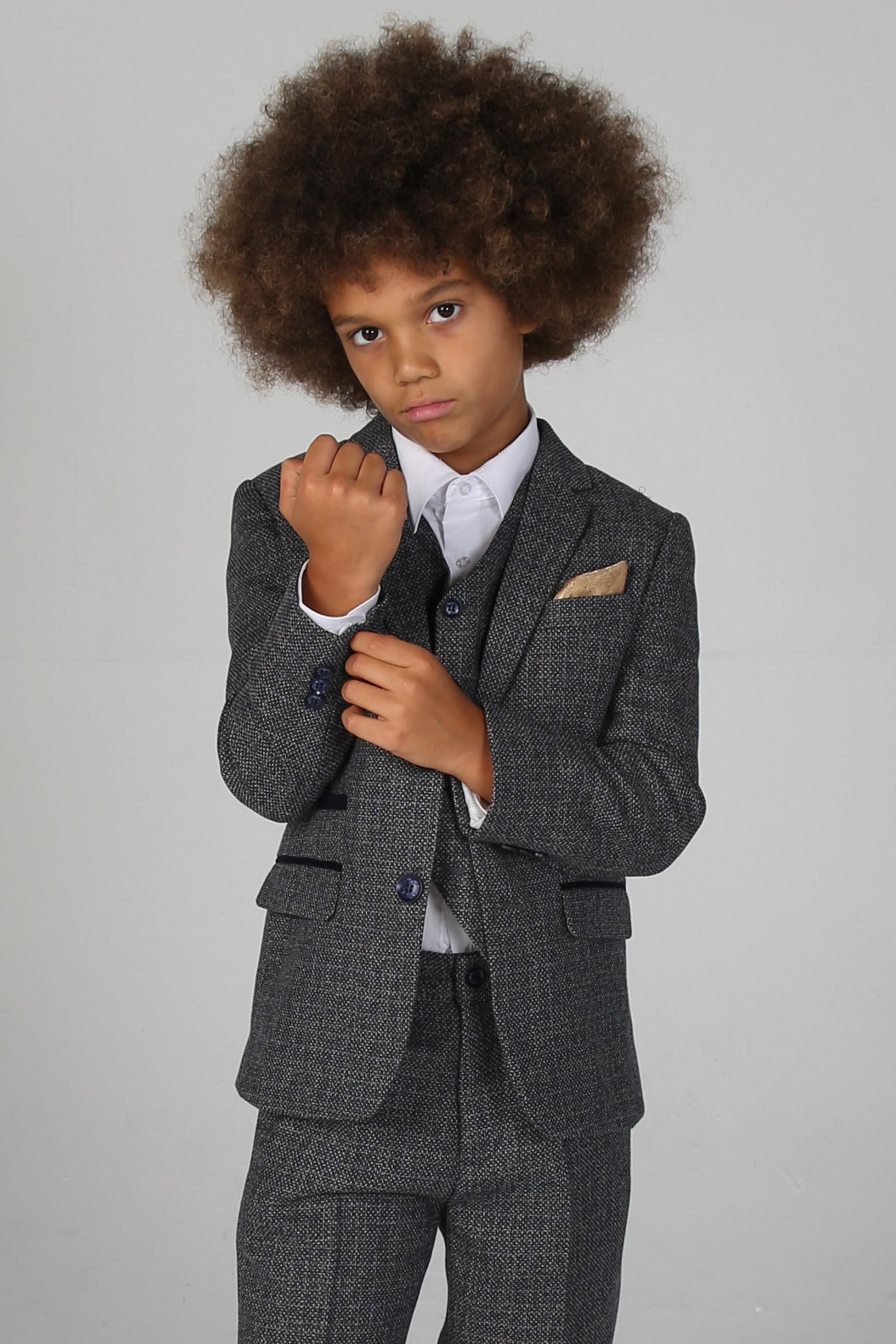 Boys Tweed Tailored Fit Formal Suit - Ralph - Grey - Navy Blue