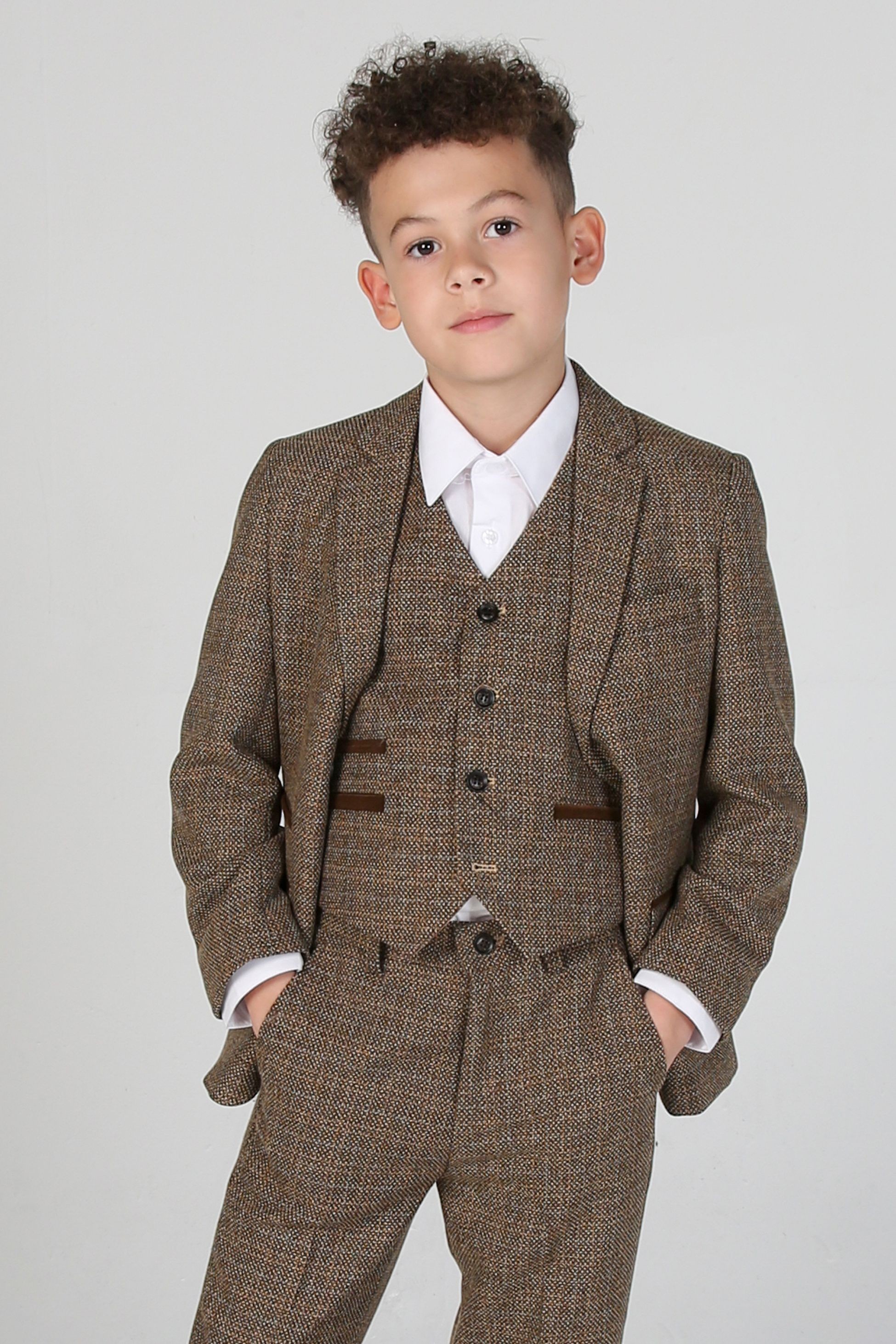 Boys Tweed Tailored Fit Formal Suit - Ralph - Brown