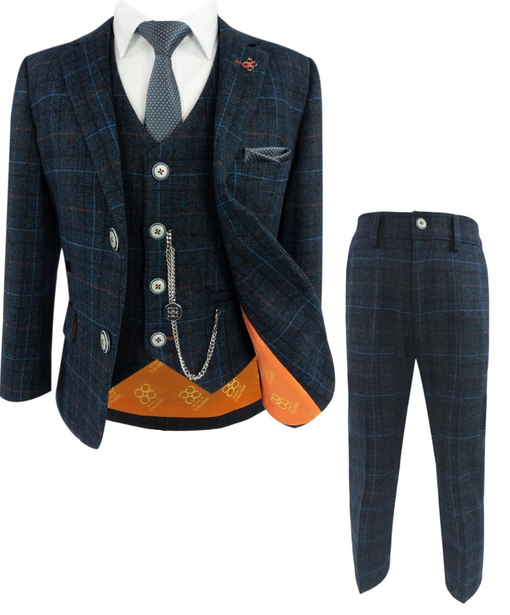 Jungen Tweed Fensterkaro Anzug - CODY Blau