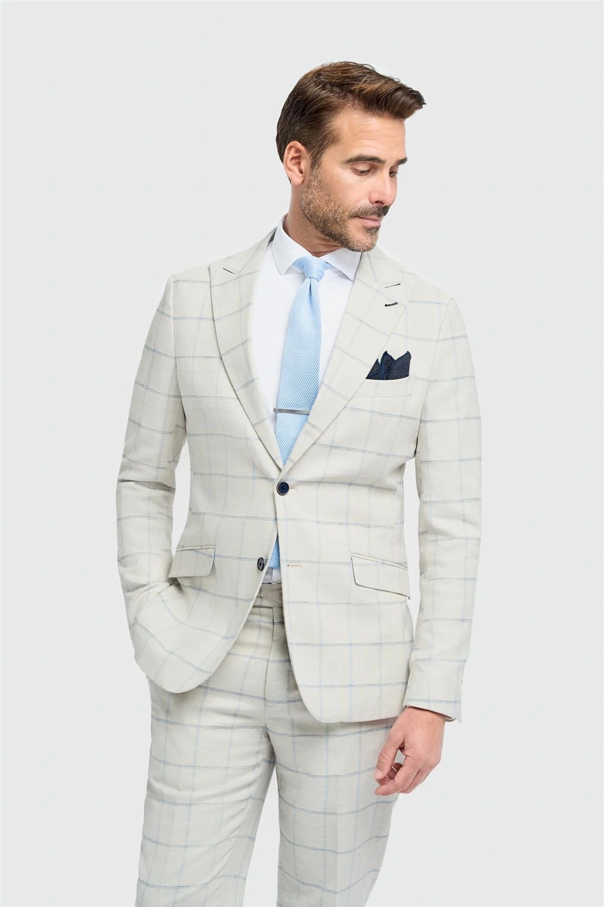 Men’s 2-Piece Light Grey Windowpane Check Suit - Gabriel