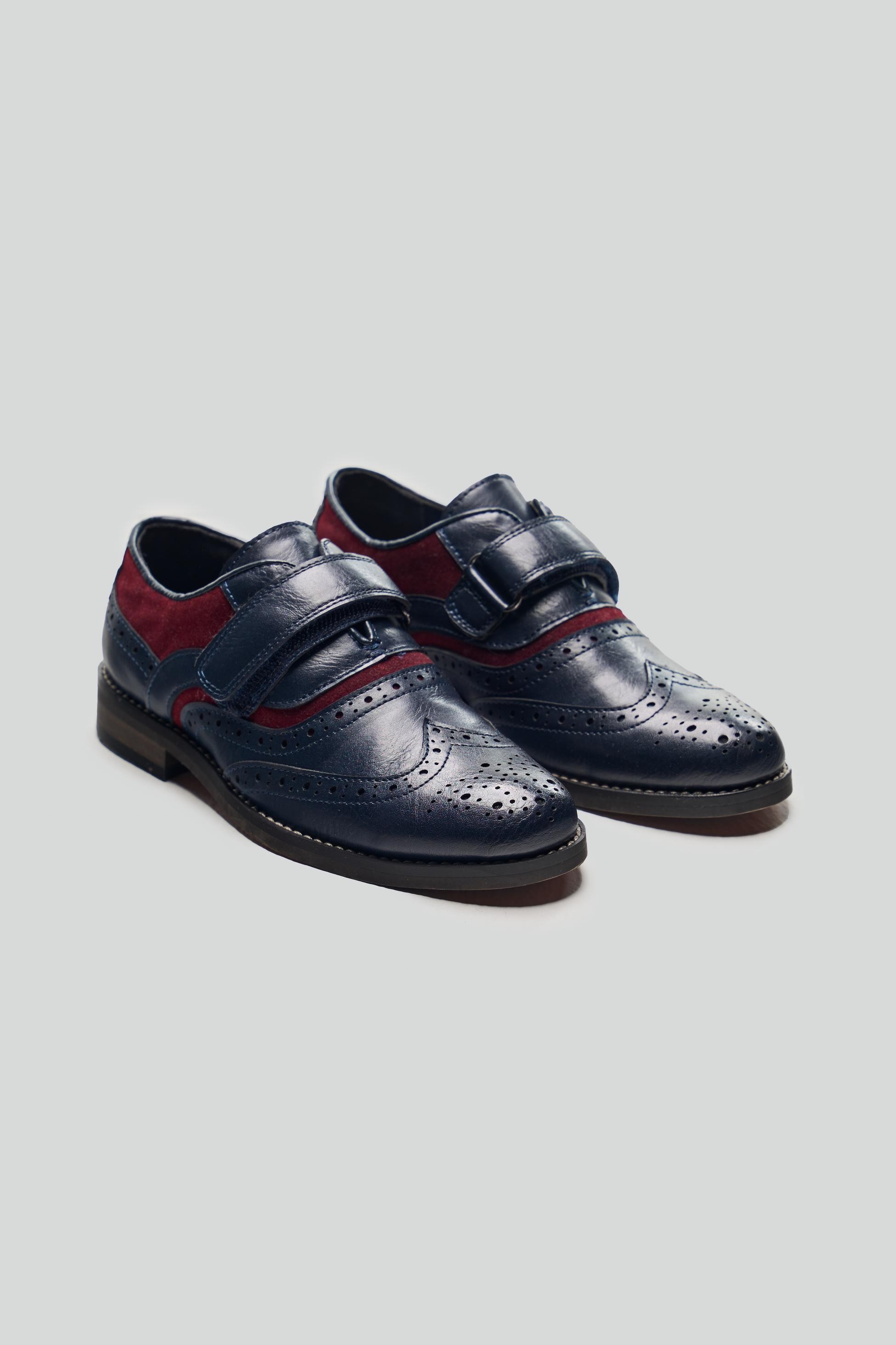 Boys Lace-up Oxford Brogue Dress shoes - RUSSEL - Navy Blue - Red