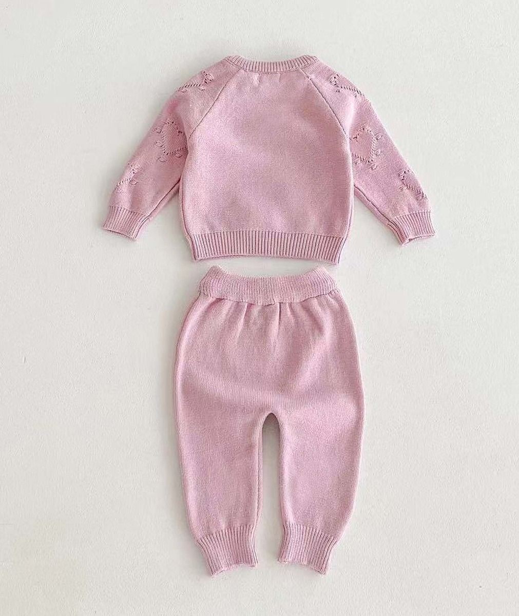 Baby-Mädchen Strickpullover & Leggings Set mit Herzdruck - 2407 - Rosa