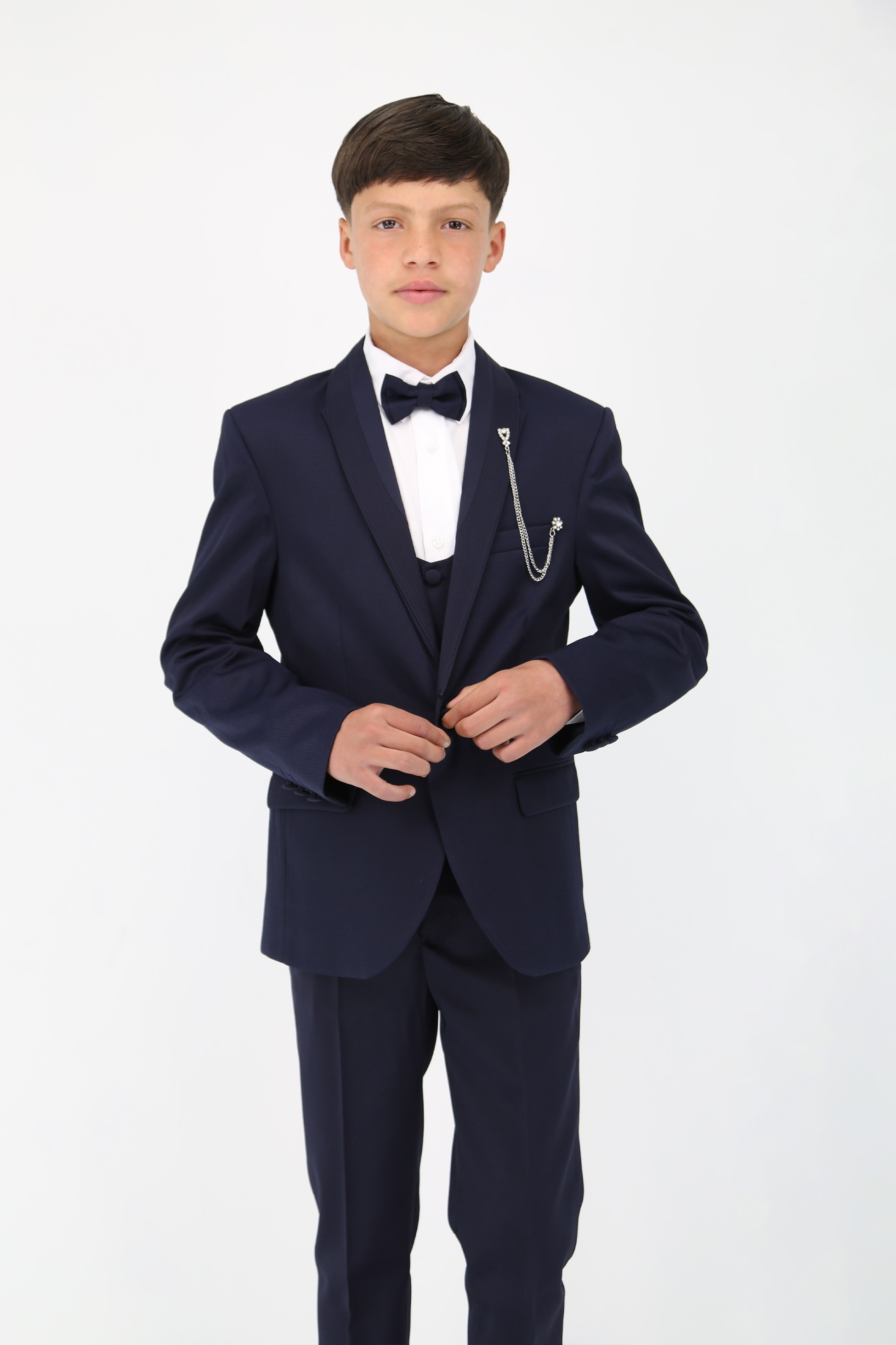 Jungen Satin Schal Revers Selbstgemustertes Smoking Anzug, 6-teiliges Set - Navy