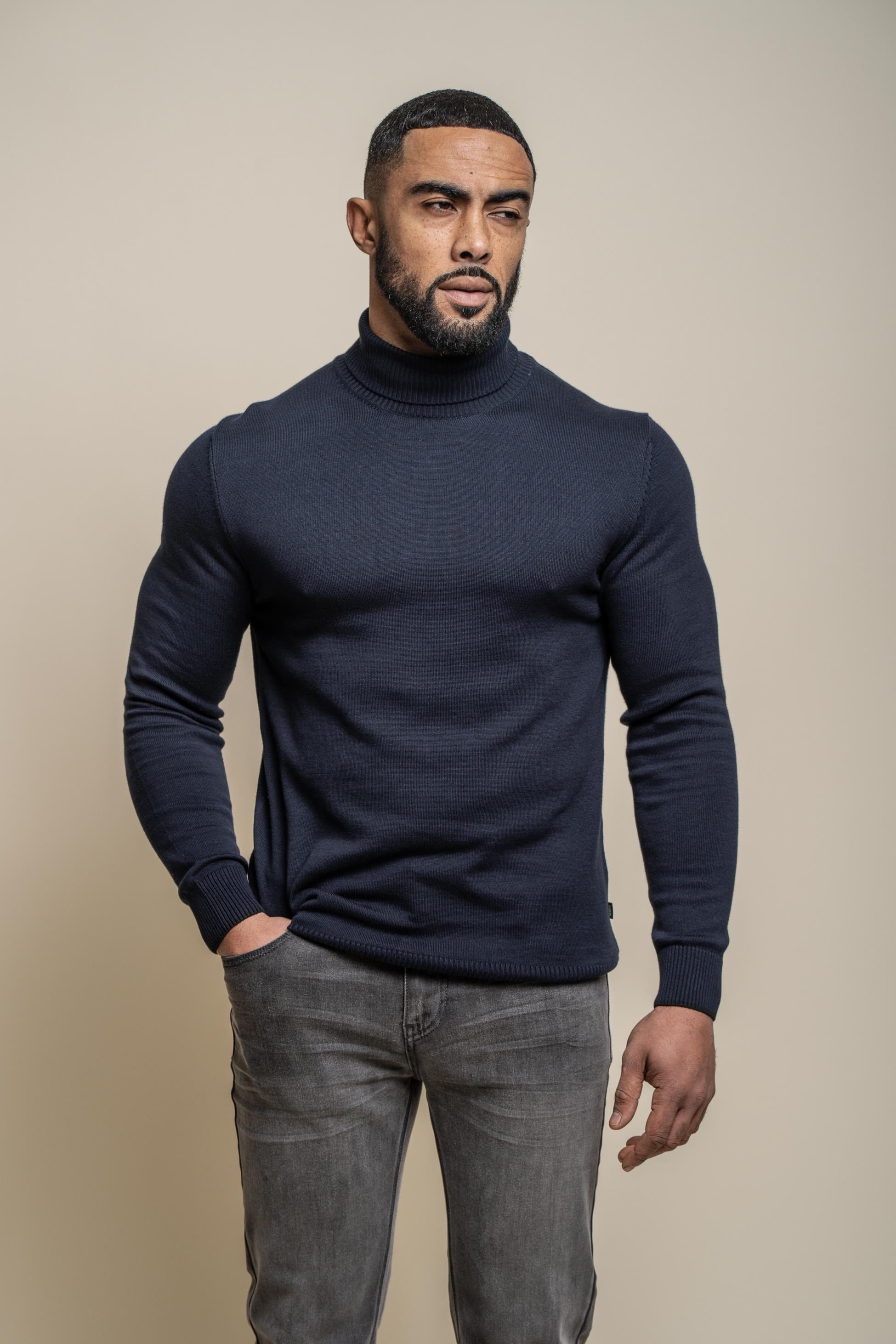 Herren Baumwoll Rollkragenpullover - KARRIS - Navy blau