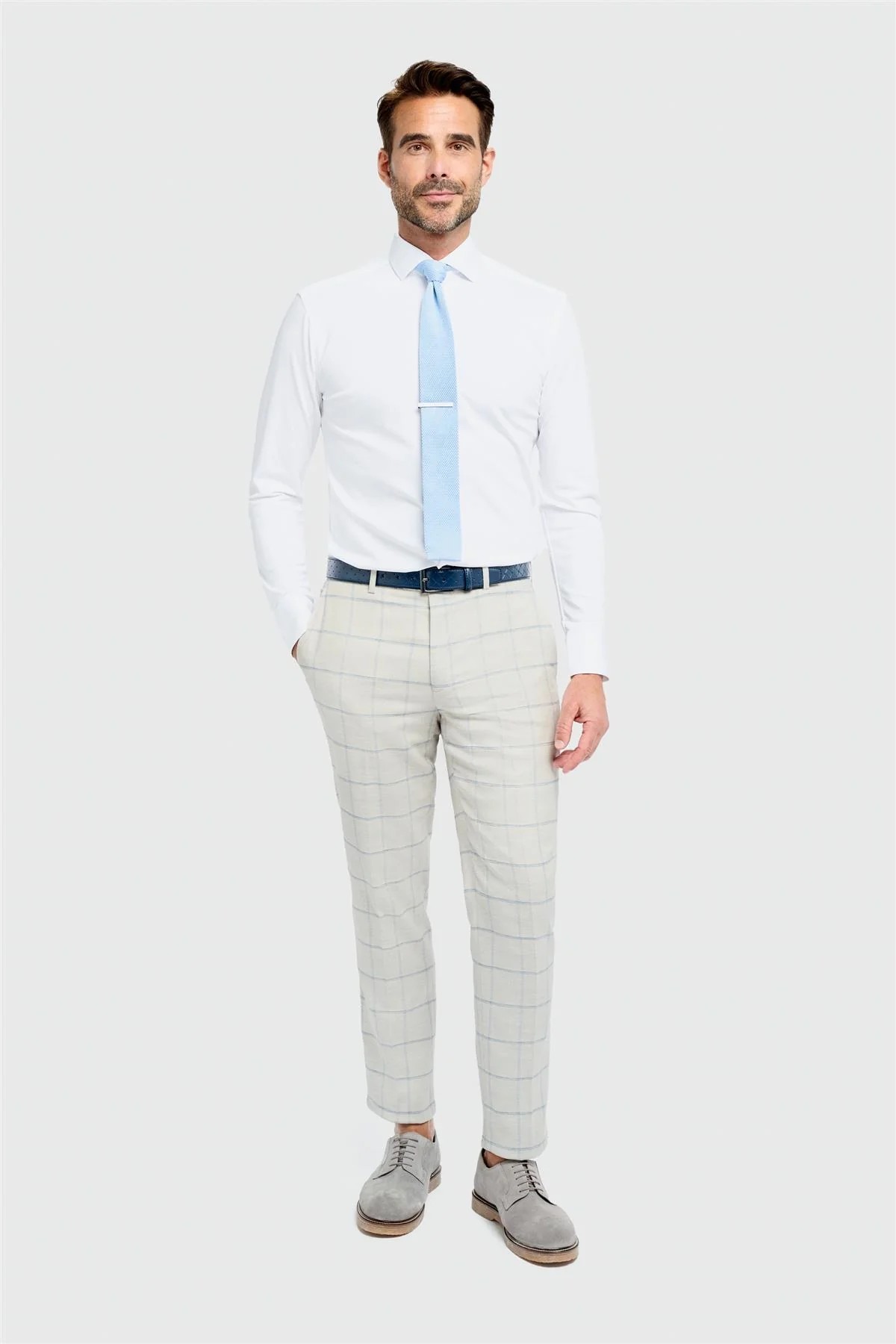 Men’s Light Grey Windowpane Check Trousers - Gabriel