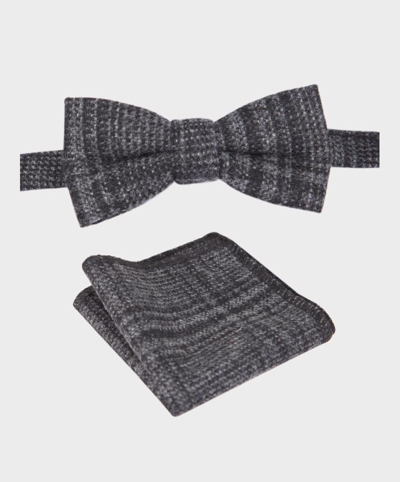 Boys Check Tweed Charcoal Grey Bow Tie and Hanky Set - Charcoal Grey