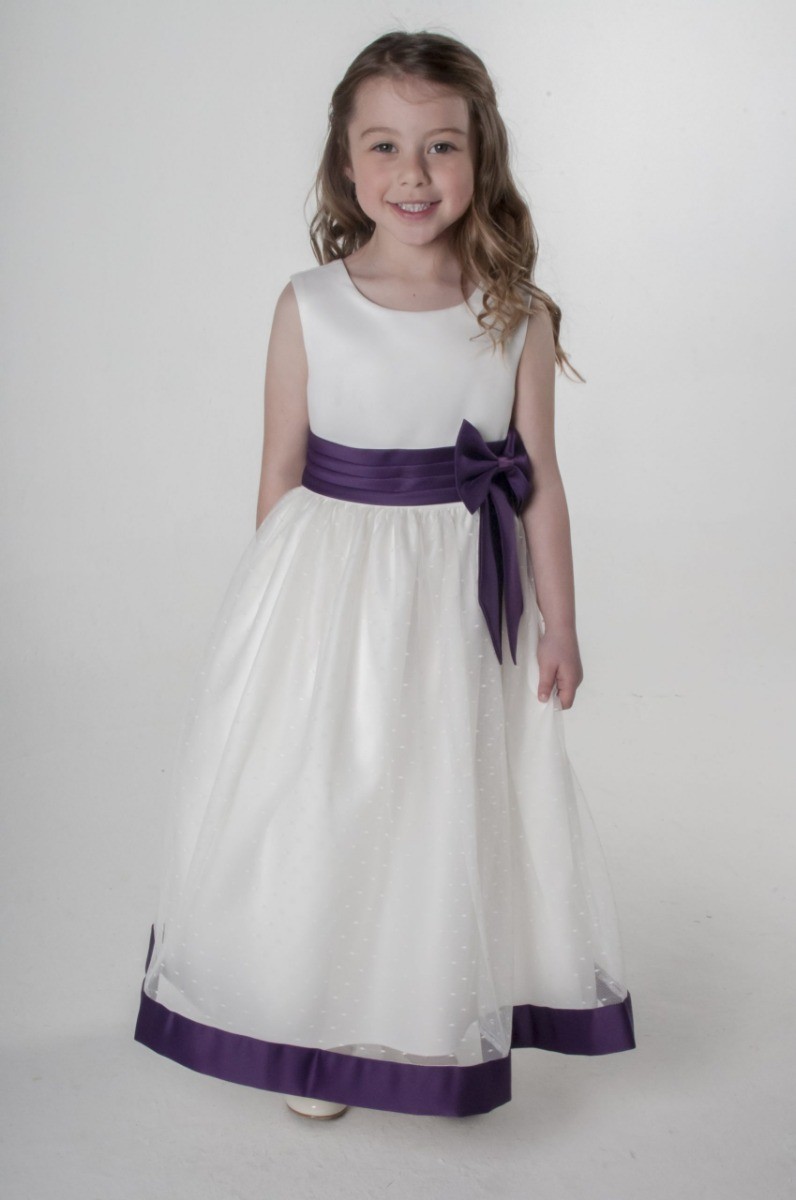 Robe de communion sans manches en tulle pour filles - Blanc - violet