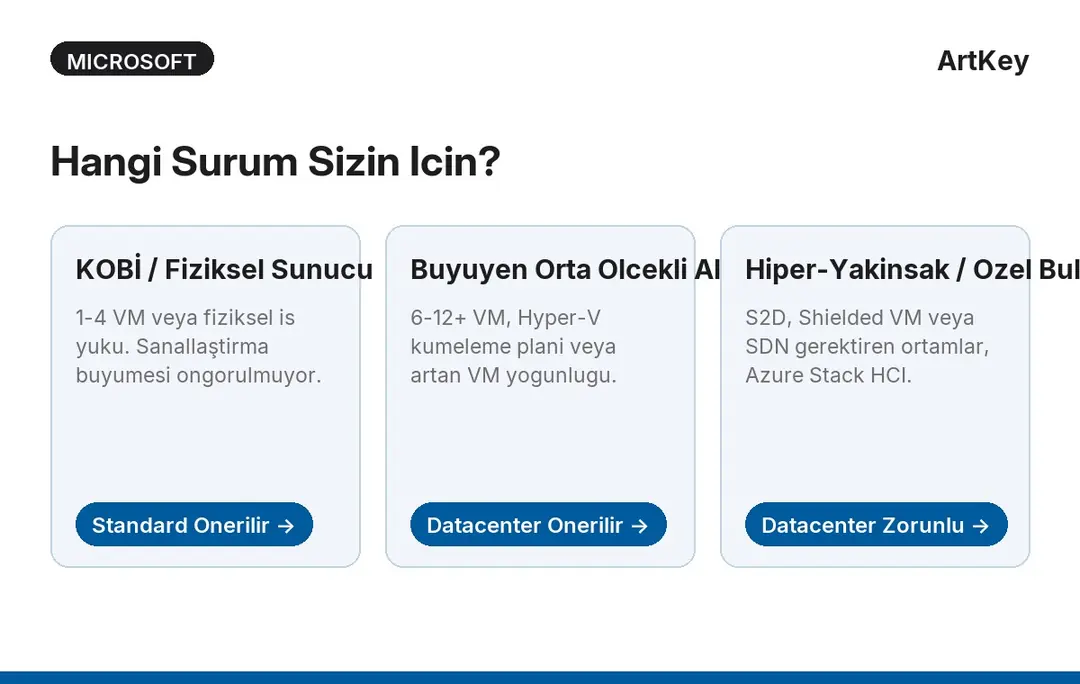 Windows Server Standard mi Datacenter mi karar rehberi — ortam tiplerine göre sürüm önerileri