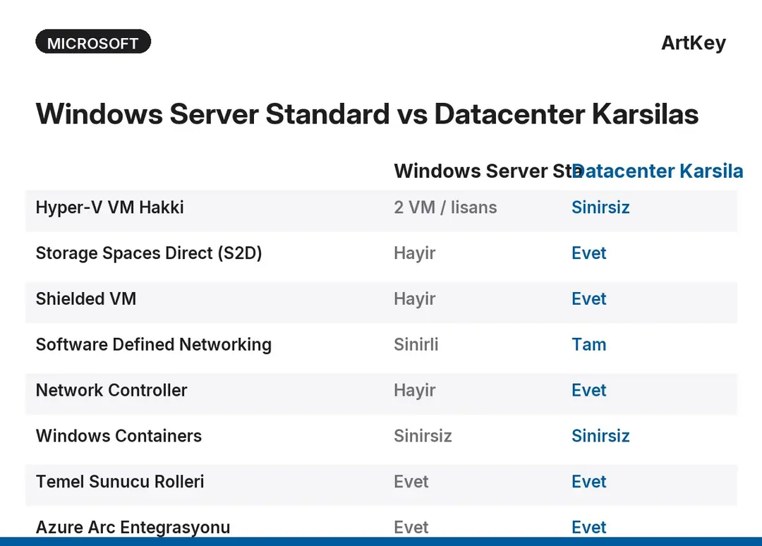 Windows Server Standard ve Datacenter özellik karşılaştırma tablosu — VM, S2D, Shielded VM farkları