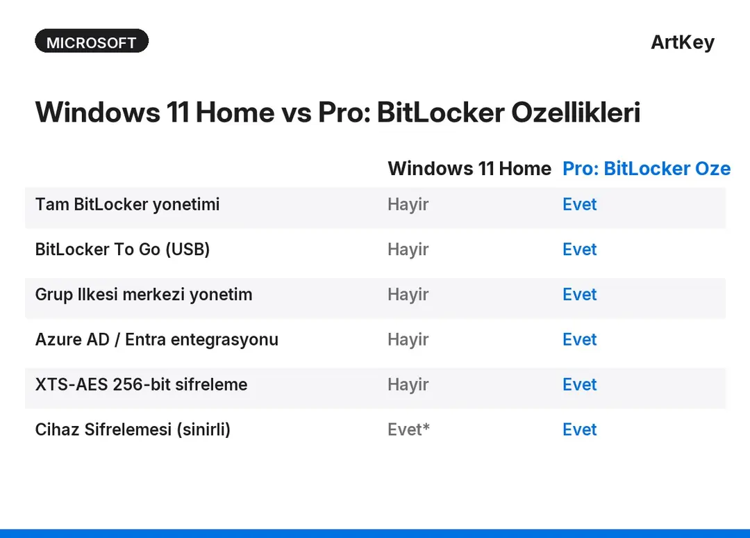 Windows 11 Home ve Pro BitLocker disk şifreleme özellik karşılaştırması tablosu