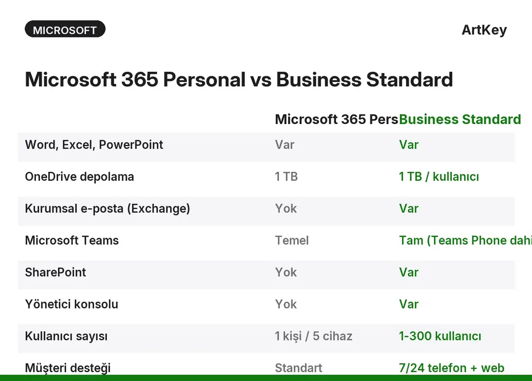 Microsoft 365 Personal ve Business Standard plan karşılaştırması — özellikler ve kurulum farkları
