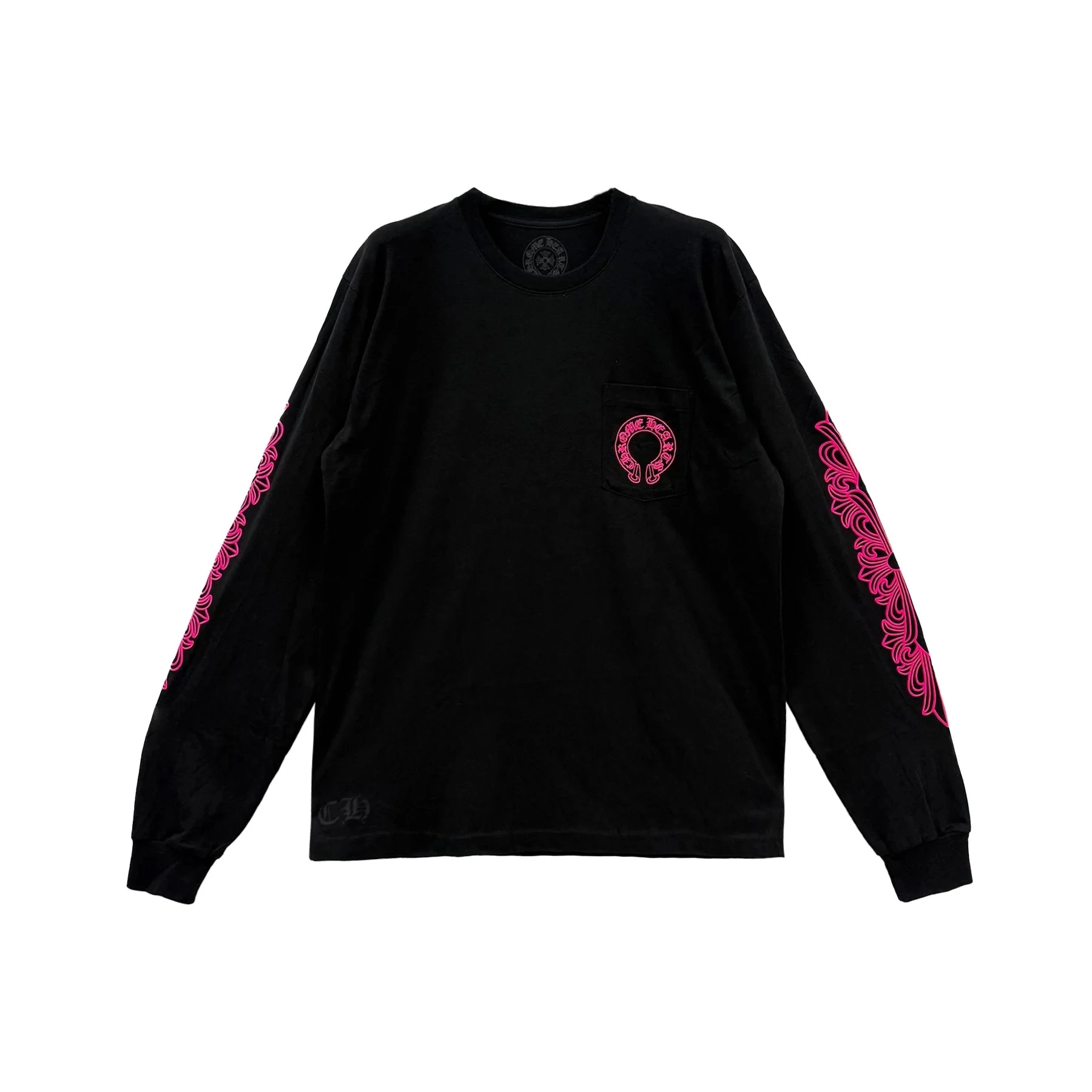 Chrome Hearts  Classic Pink Horseshoe Logo Black Long Sleeve
