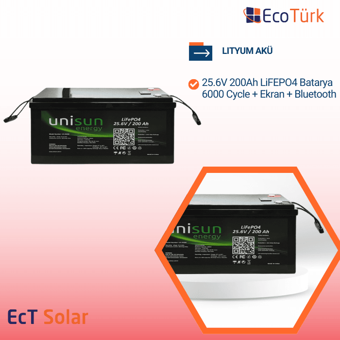 LITYUM AKÜ 25.6V 200Ah LiFEPO4 Batarya 6000 Cycle + Ekran + Bluetooth