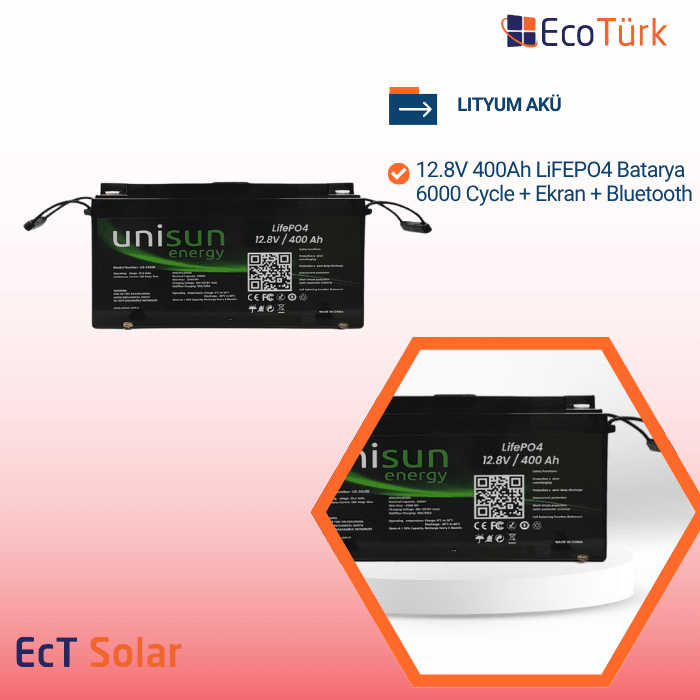 LITYUM AKÜ 12.8V 400Ah LiFEPO4 Batarya 6000 Cycle + Ekran + Bluetooth