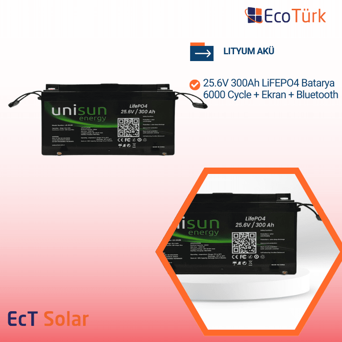 LITYUM AKÜ 25.6V 300Ah LiFEPO4 Batarya 6000 Cycle + Ekran + Bluetooth