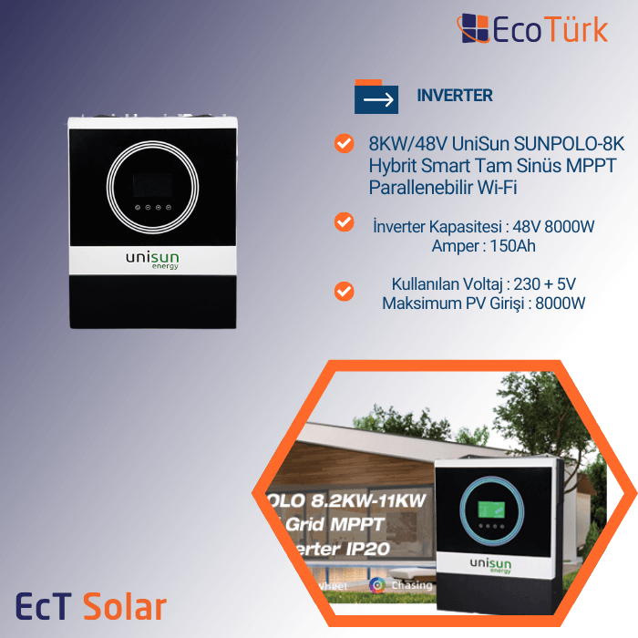 INVERTER 8KW/48V UniSun SUNPOLO-8K Hybrit Smart Tam Sinüs MPPT Parallenebilir Wi-Fi