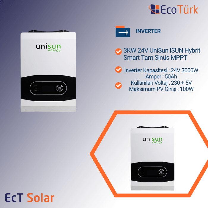 INVERTER 3KW 24V UniSun ISUN Hybrit Smart Tam Sinüs MPPT