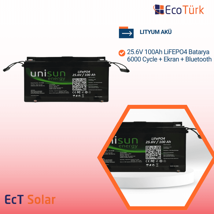 LITYUM AKÜ 25.6V 100Ah LiFEPO4 Batarya 6000 Cycle + Ekran + Bluetooth