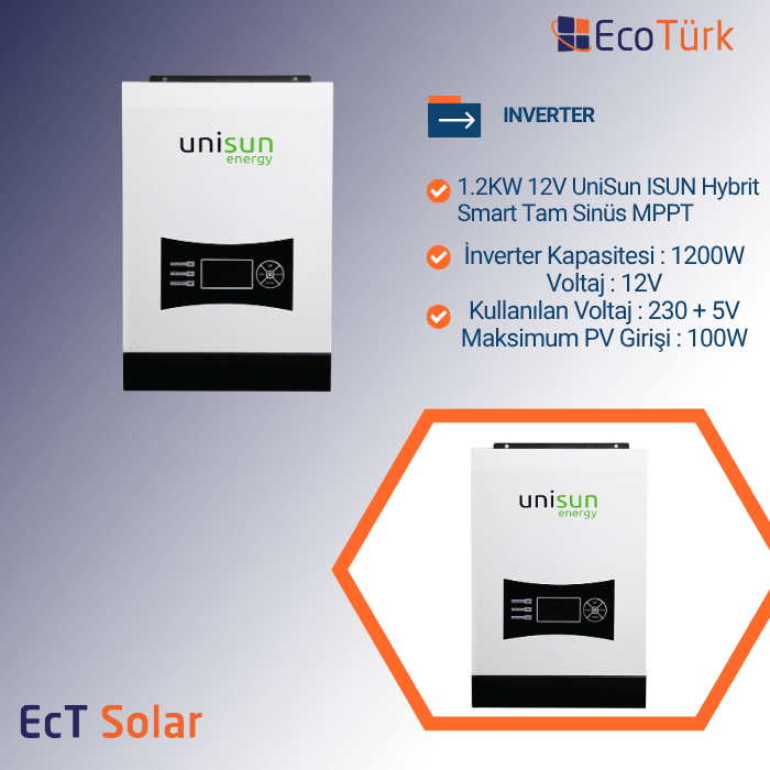 INVERTER 1.2KW 12V UniSun ISUN Hybrit Smart Tam Sinüs MPPT