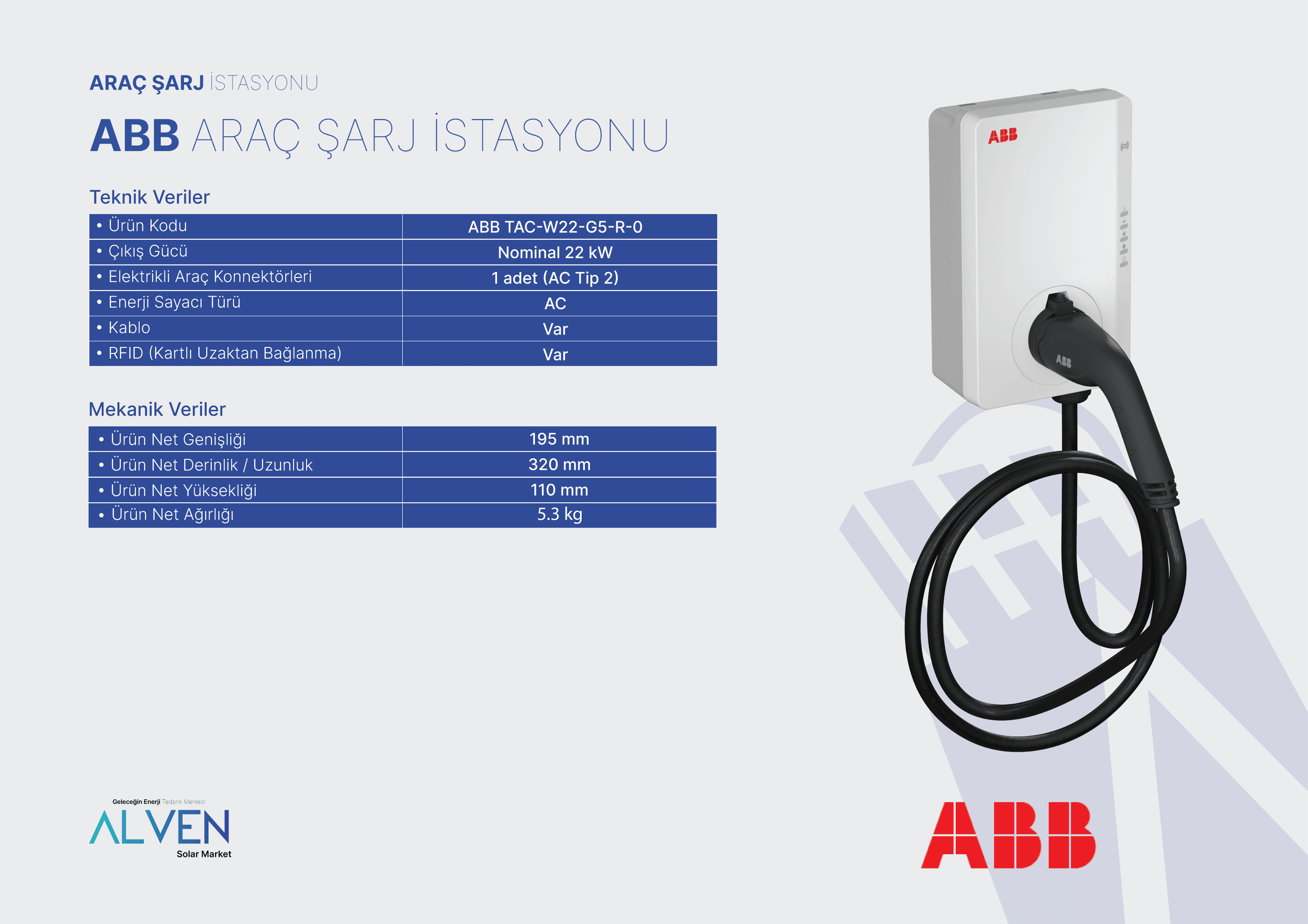 ABB ARAÇ ŞARJ CİHAZI (KABLO+RFID)