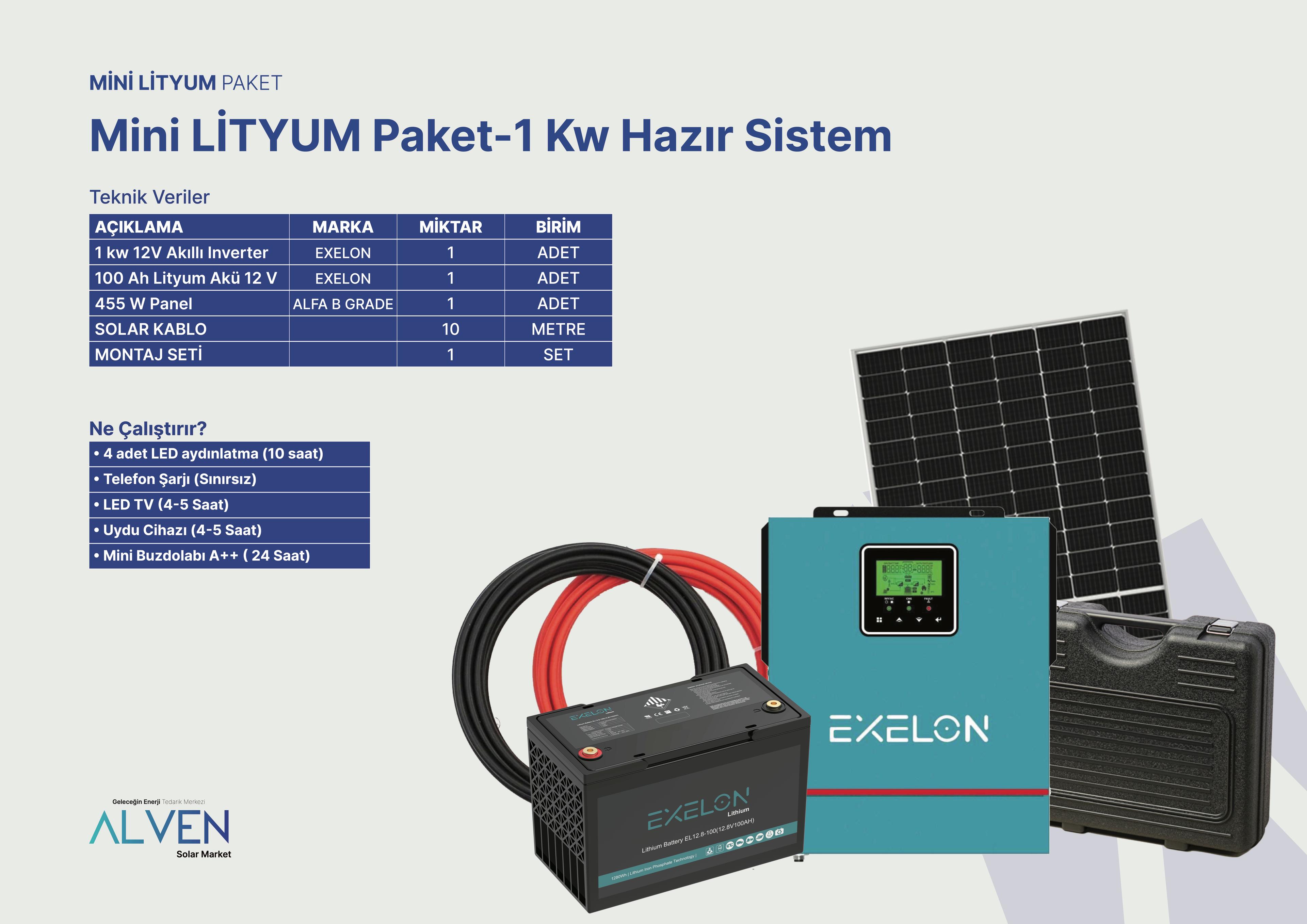 Mini LİTYUM Paket-1 Kw Hazır Sistem