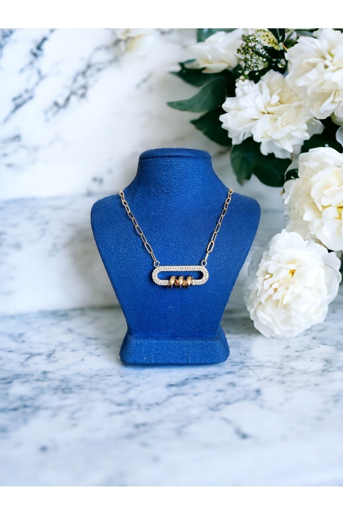 Kadın Zirkon Taşlı Gold Tasarım 40 cm Uzun Kolye