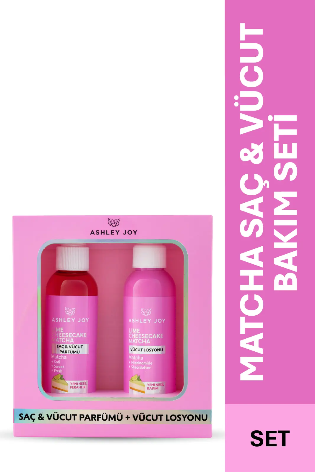 Ashley Joy Lime Cheesecake Matcha Saç Parfümü + Niacinamide İçeren Vücut Losyonu, Vücut Bakım Seti