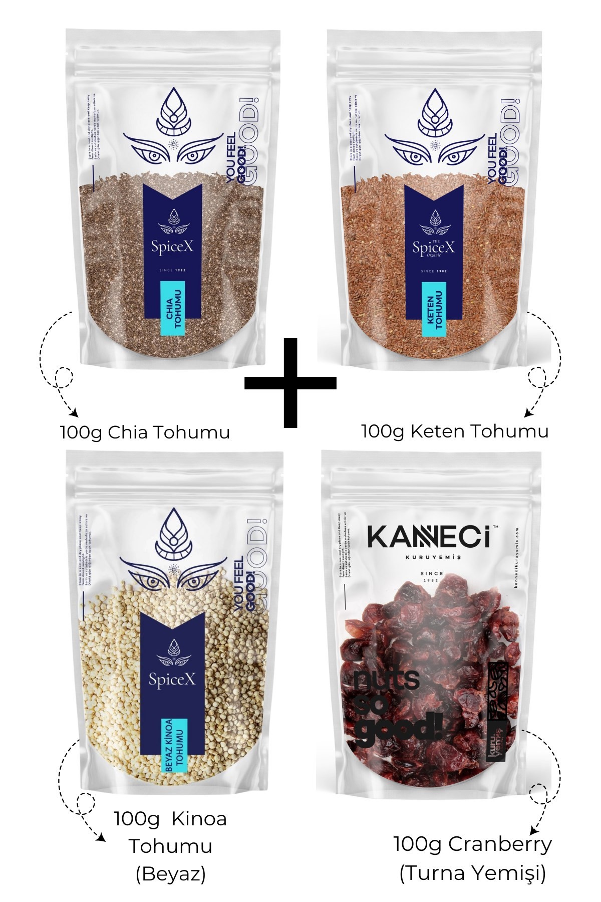 100g Chia Tohumu+100g Keten Tohumu+100g Kinoa(Beyaz) Tohumu+100g Turna Yemişi (Cranberry)