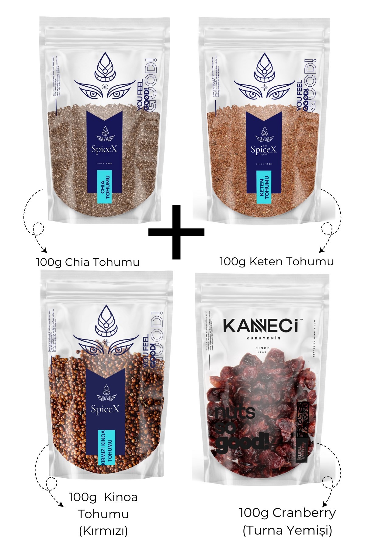 100g Chia Tohumu+100g Keten Tohumu+100g Kinoa(Kırmızı) Tohumu+100g Turna Yemişi (Cranberry)