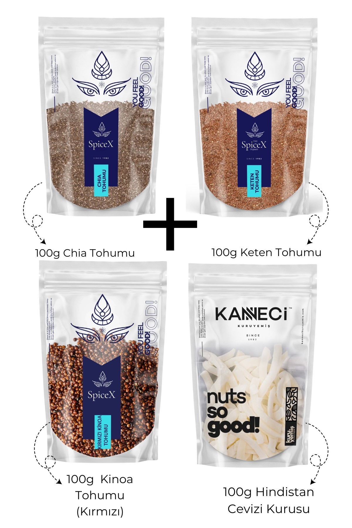 100g Chia Tohumu+100g Keten Tohumu+100g Kinoa(Kırmızı) Tohumu+100g Hindistan Cevizi Kurusu