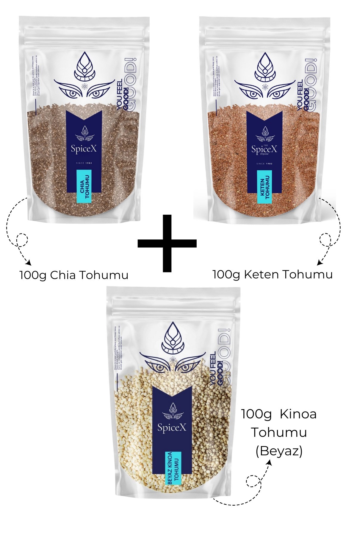 100g Chia Tohumu+100g Keten Tohumu+100g Kinoa(Beyaz) Tohumu