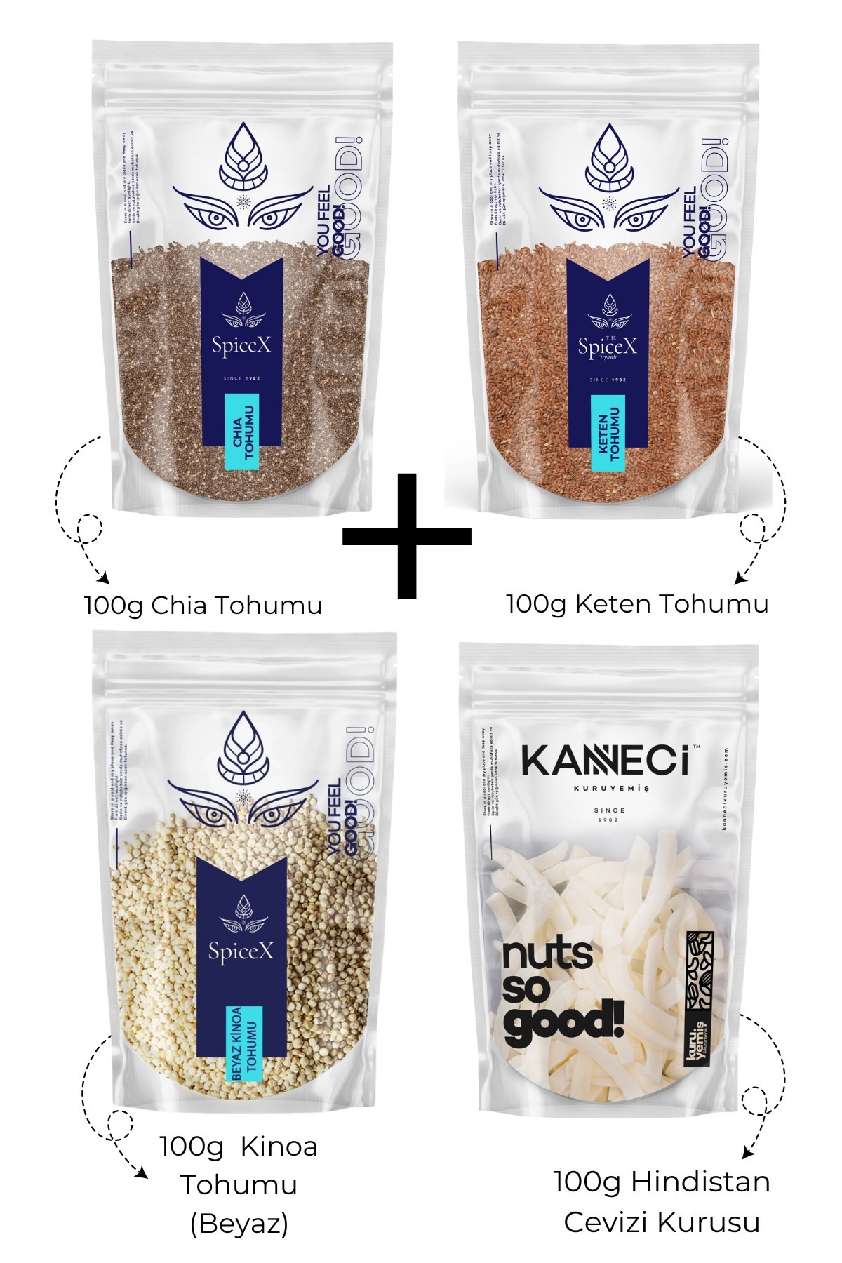 100g Chia Tohumu+100g Keten Tohumu+100g Kinoa(Beyaz) Tohumu+100g Hindistan Cevizi Kurusu