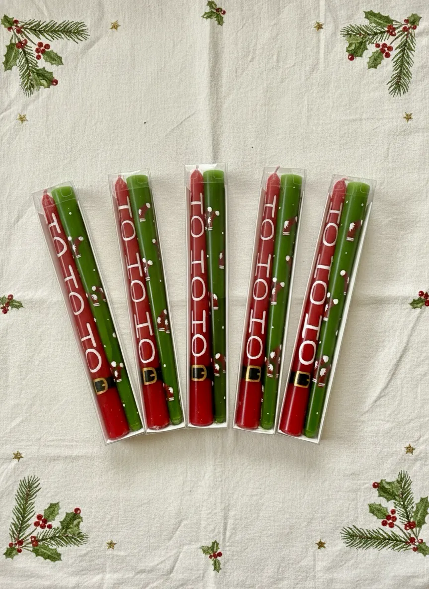 Kırmızı & Yeşil Yılbaşı noel şamdan mumu ikili set, Sanatsal Tasarım | Kokusuz & Vernikli