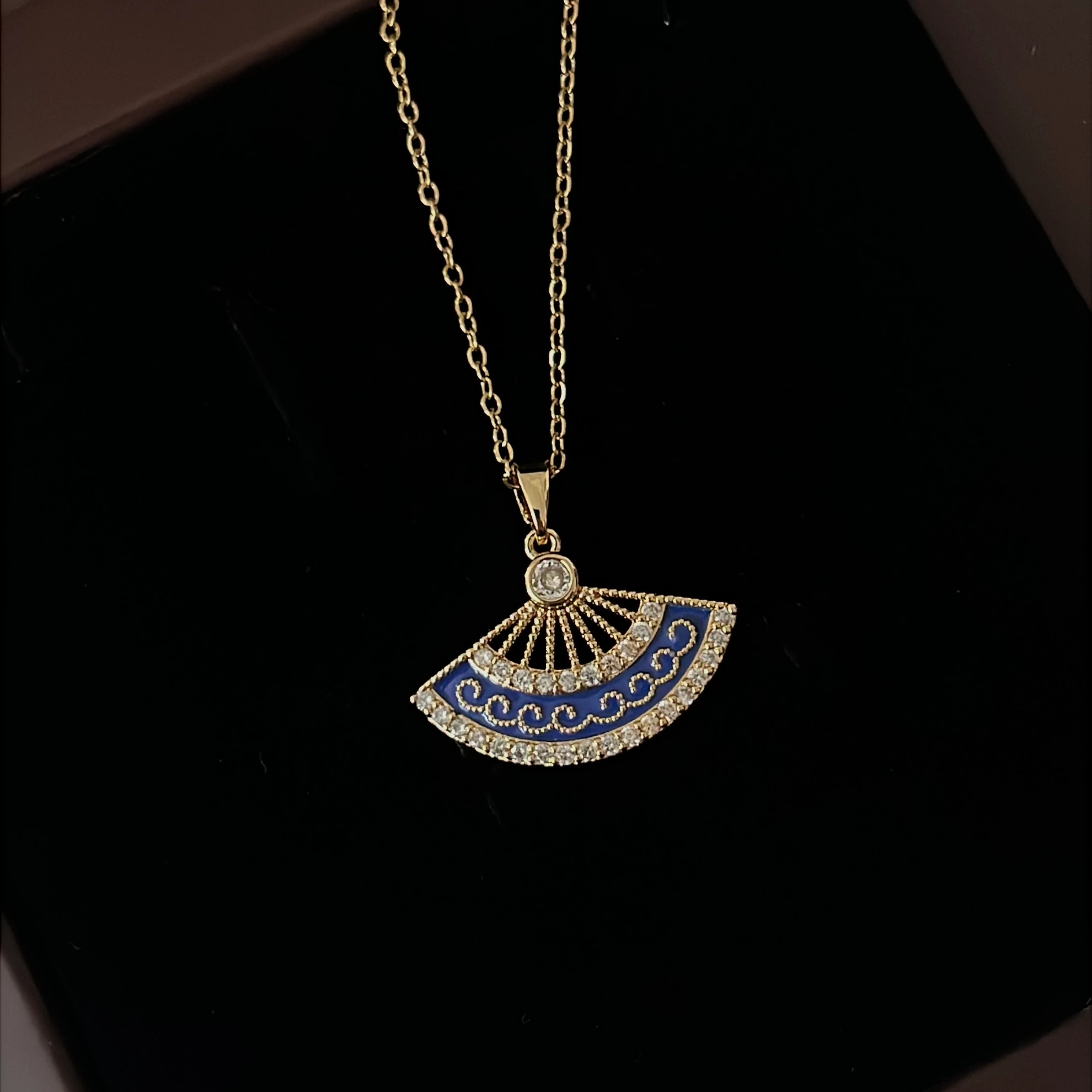 Çelik | Lacivert Japon Yelpaze Kolye