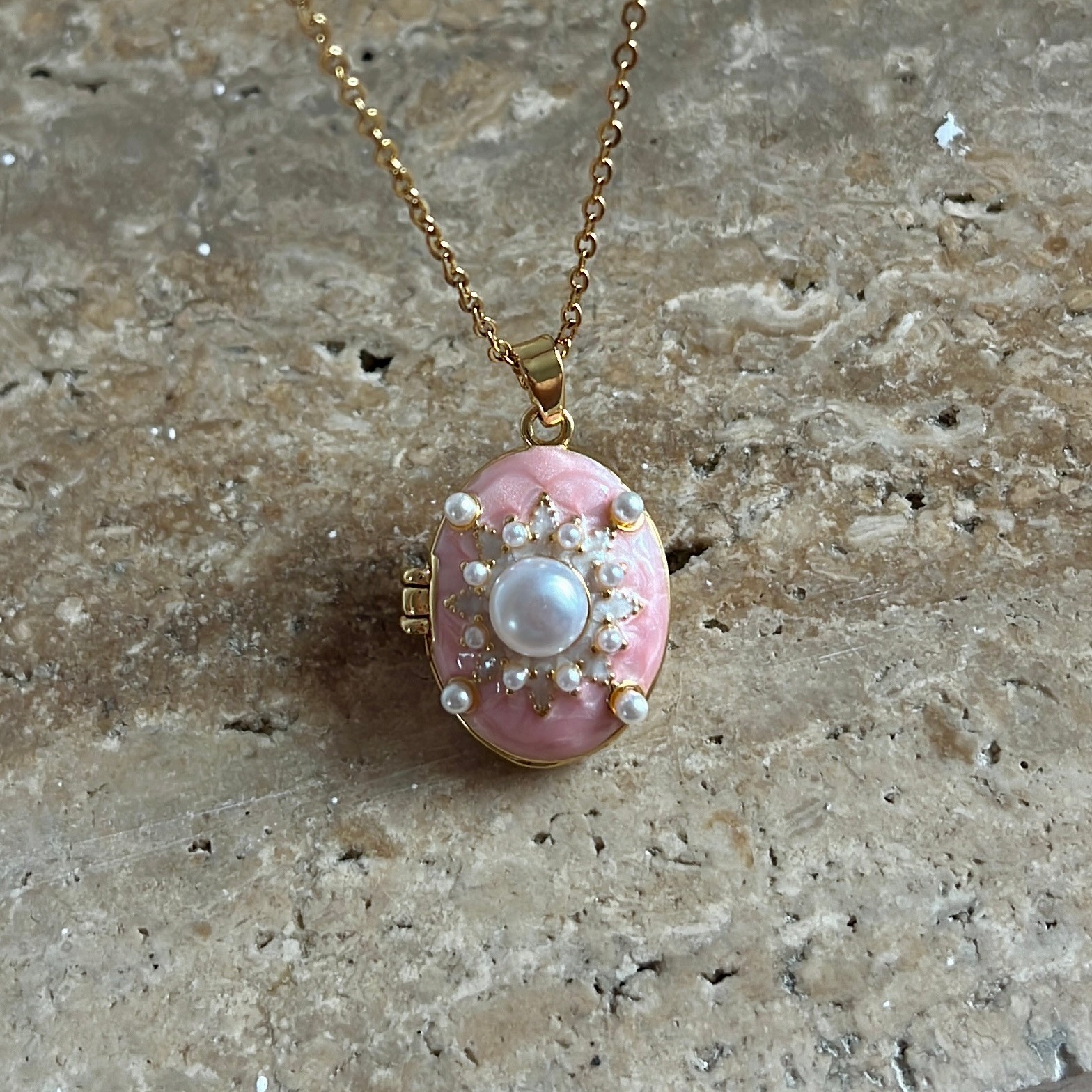 Çelik | Vintage İncili Locket Anı Kolyesi