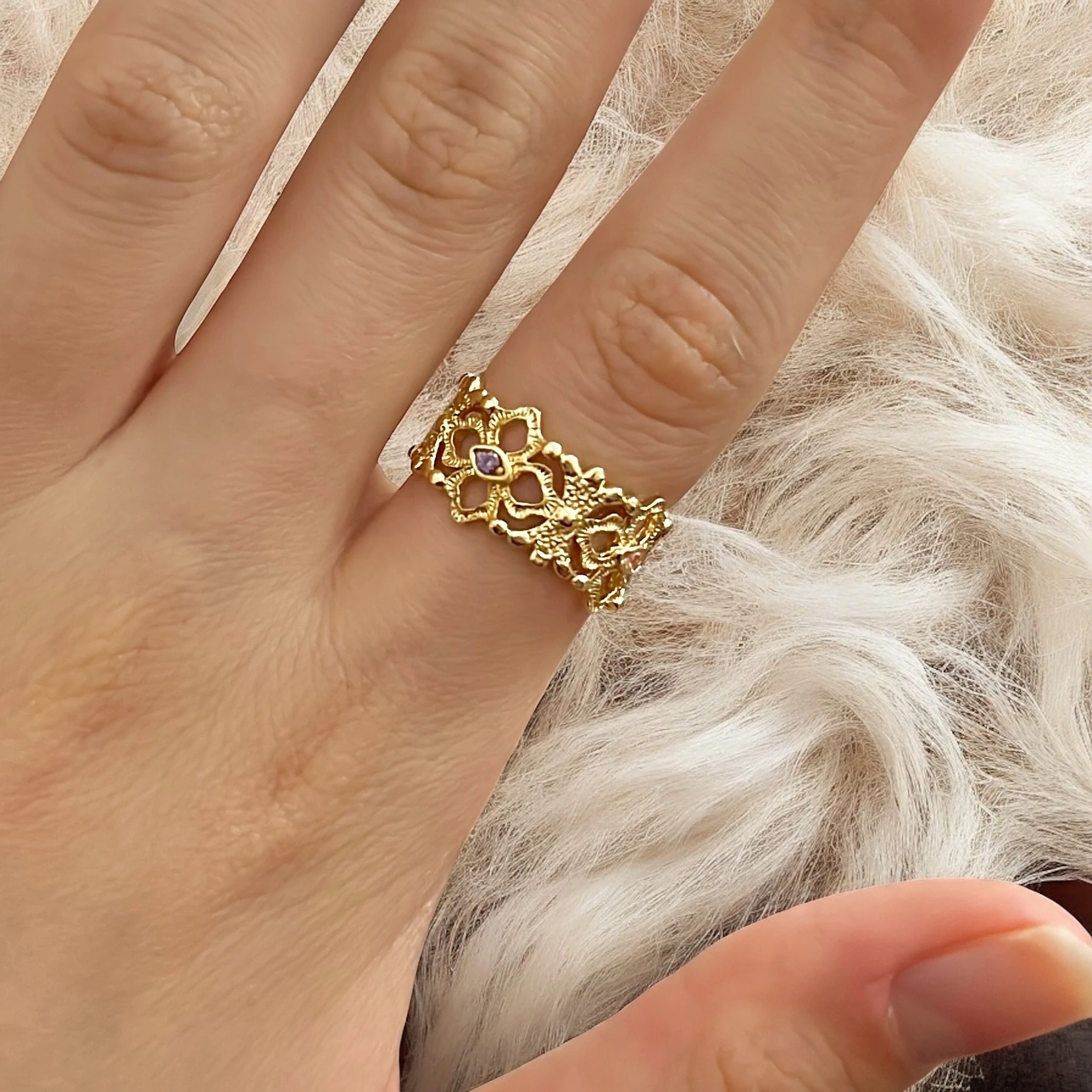 Vintage Flora Yüzük Pembe Mor Taş