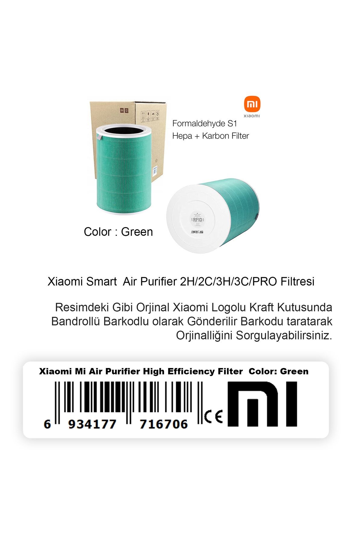 Xiaomi Mi Hava Temizleyici Çipli Yeşil Filtre 2h / 2c/ 2s /3h/3c