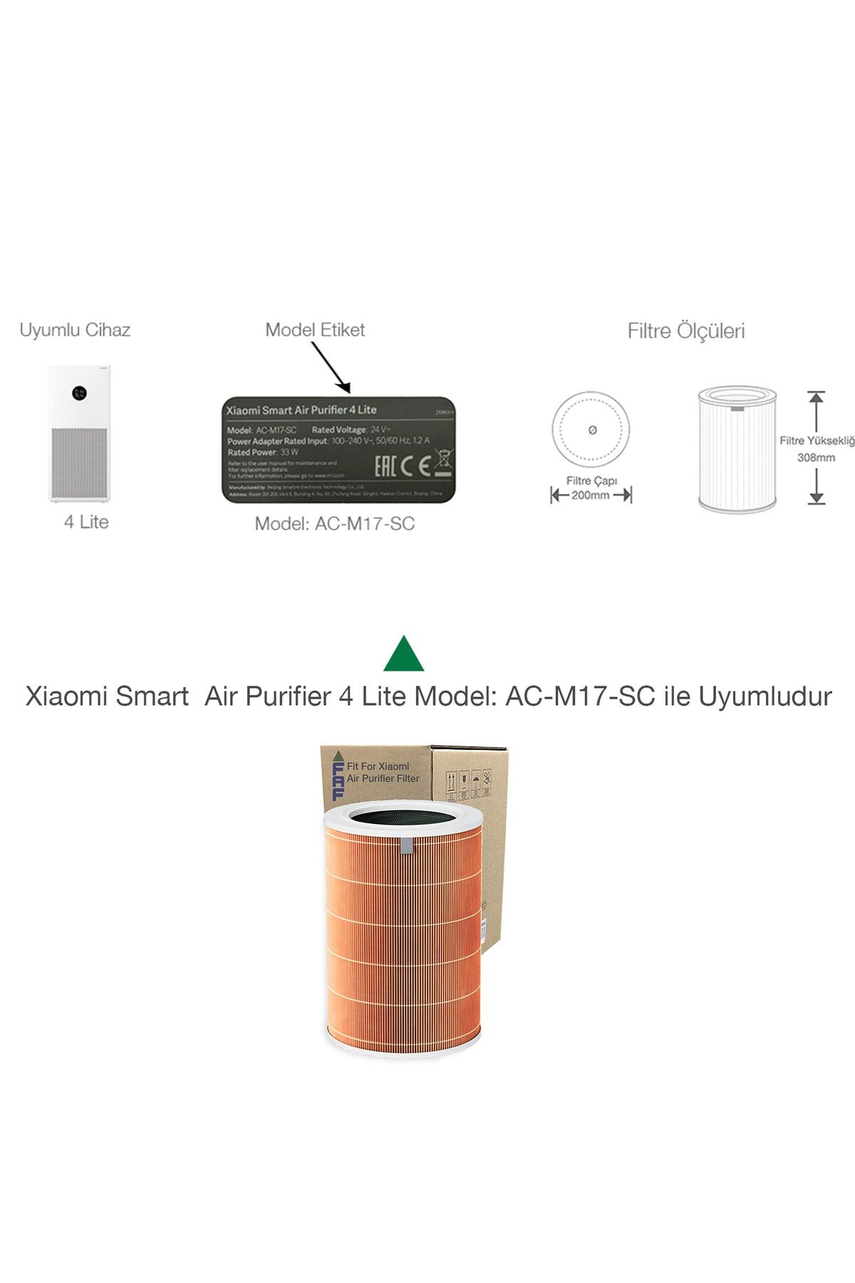 Xiaomi Mi Air Purifier 4 Lite Filtre Model AC-M17-SC Uyumlu True Hepa 14 High Efficiency Turuncu