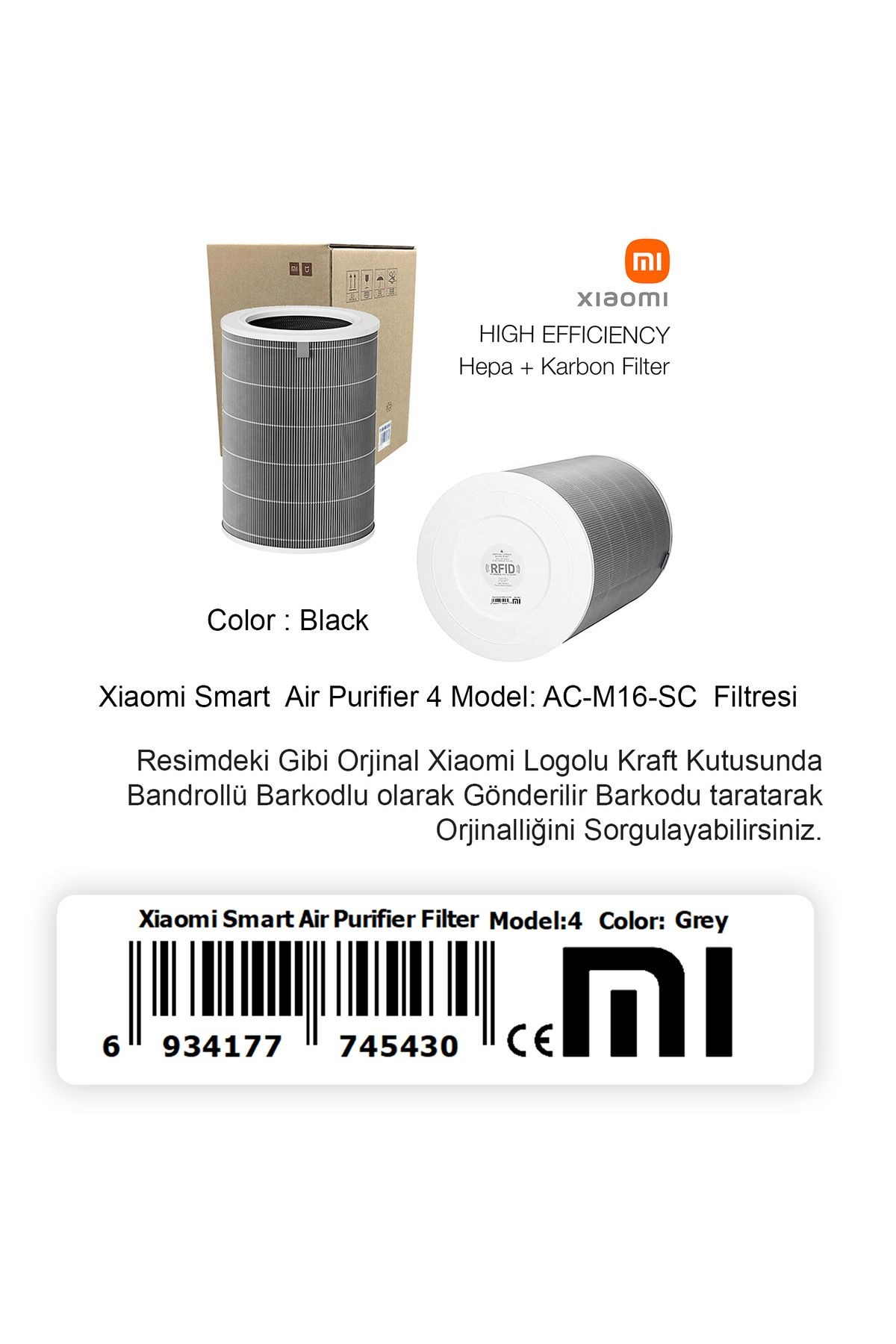 Xiaomi Mi Air Purifier 4 Filtre Model: Ac-m16-sc