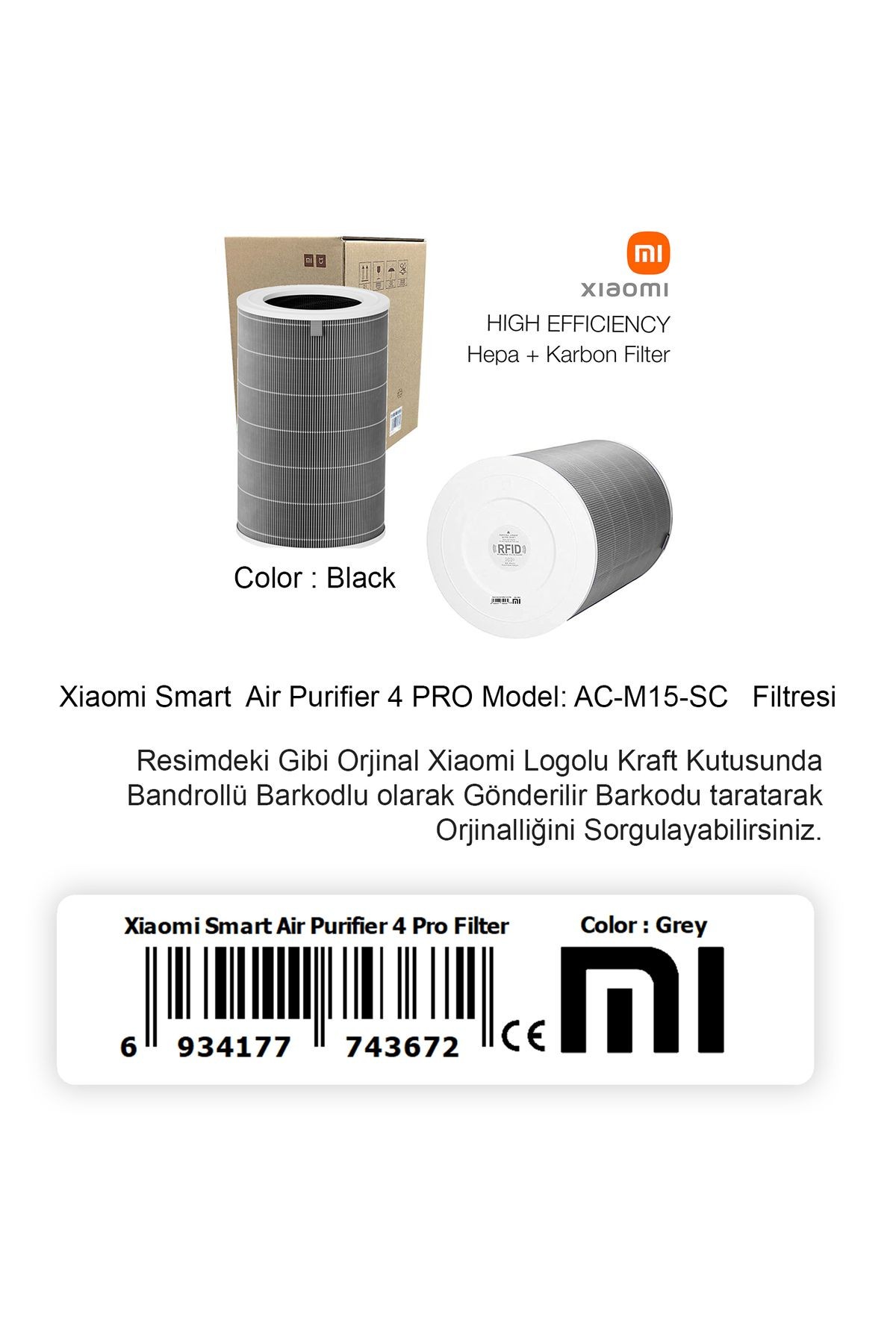 / Xiaomi Mi Smart Air Purifier 4 Pro Gri Hepa Filtre Orjinal Çipli