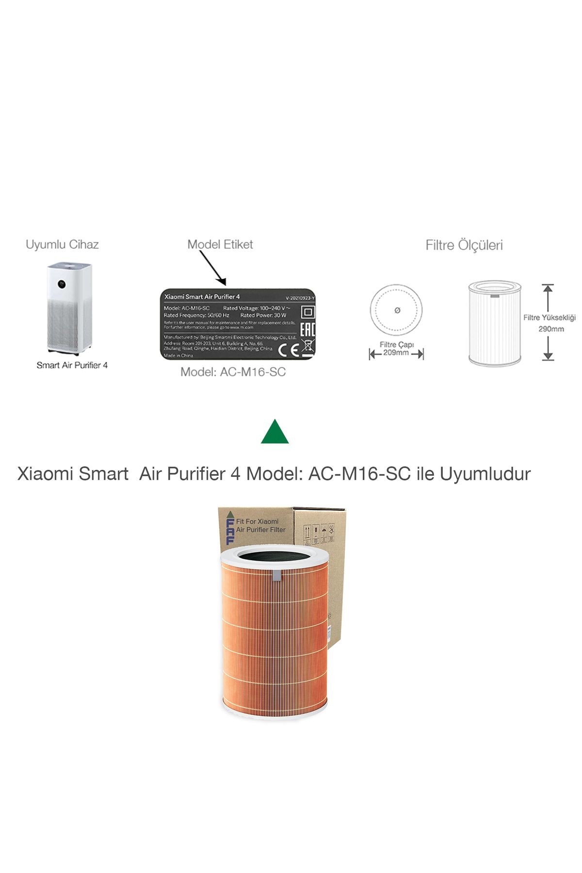 Xiaomi Smart Air Purifier 4 Filtre Model AC-M16-SC Uyumlu True Hepa 14 High Efficiency Turuncu