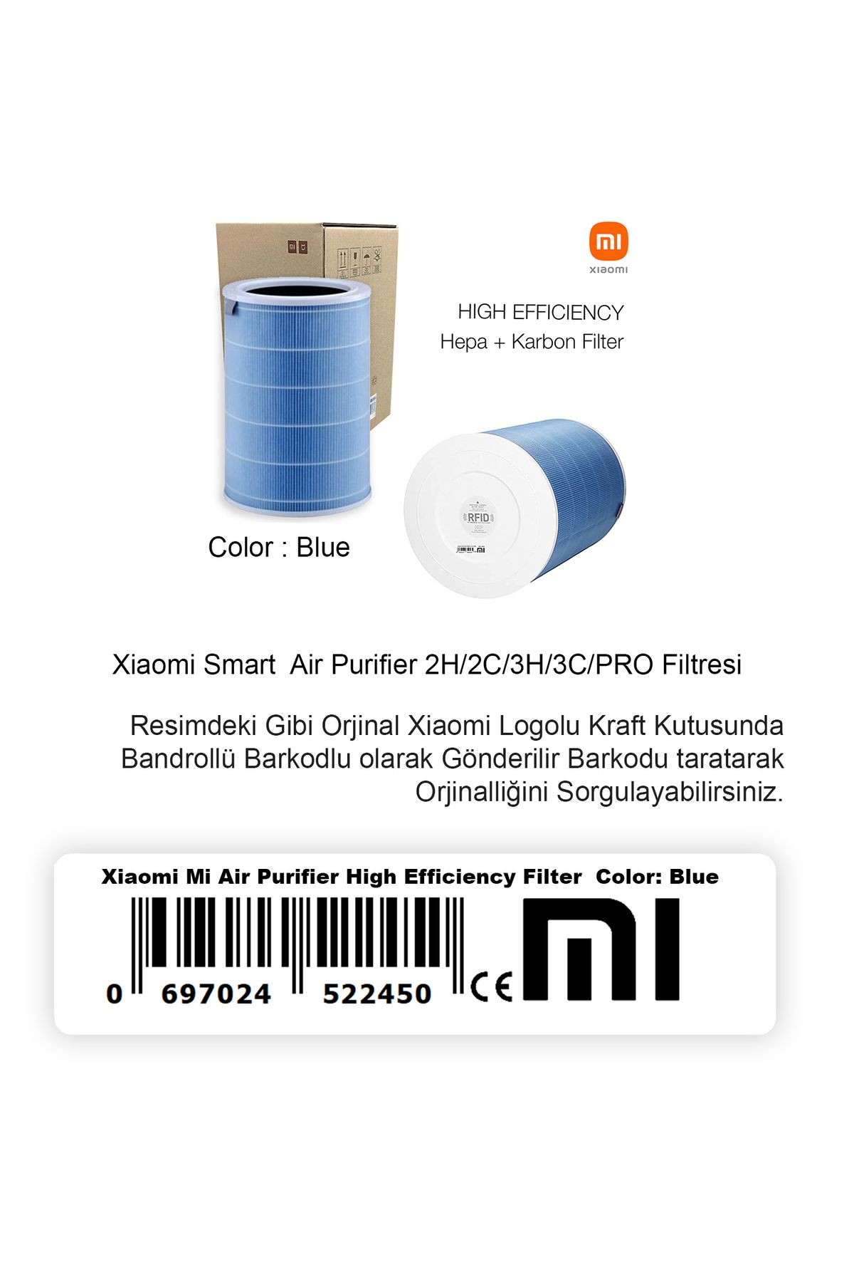 / Xiaomi Air Purifier Pro/2/2c/2h/3h/3c Uyumlu Çipli Hepa Filtre Mavi