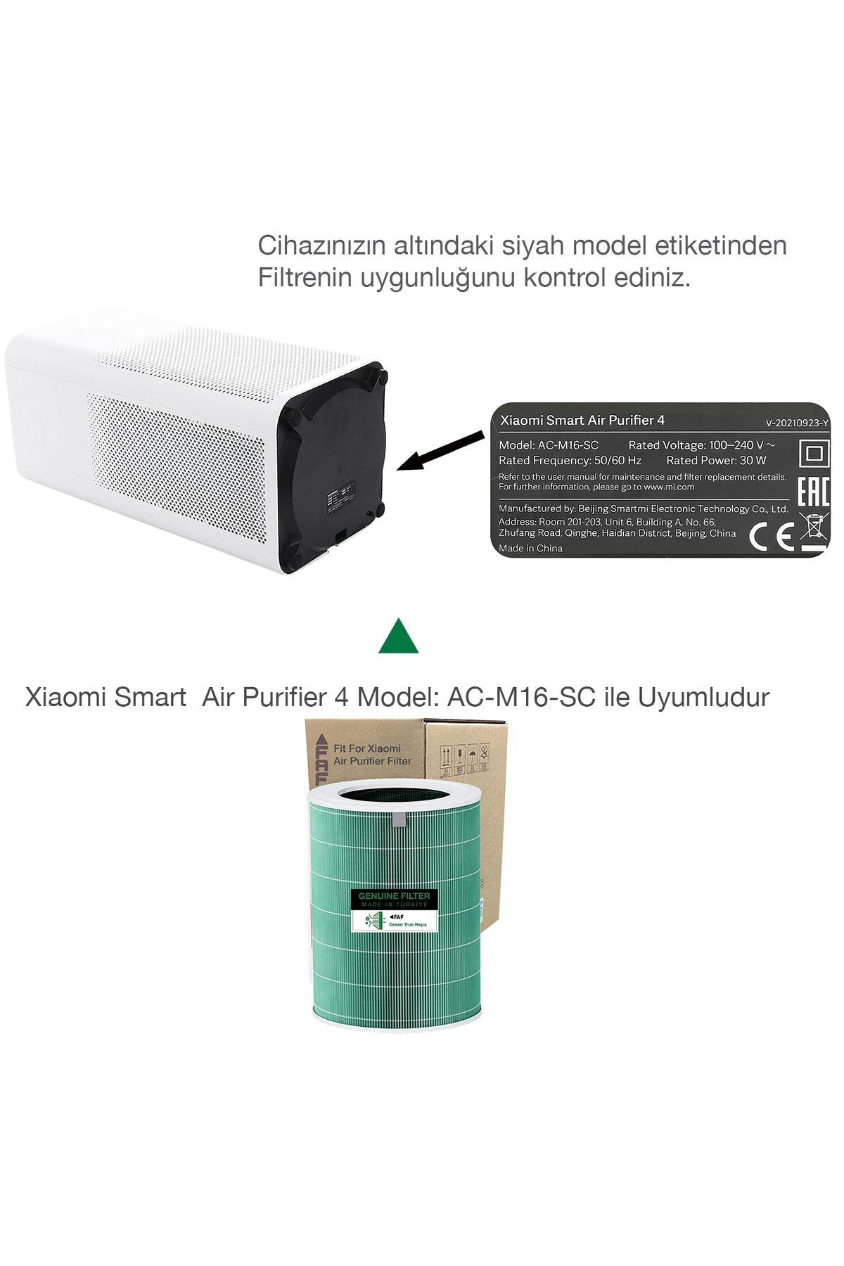 Model 4 Yeşil True Hepa 14 Filtre Xiaomi Mi Air Purifier 4 Model: Ac-m16-sc Özel Seri Filtre Eko