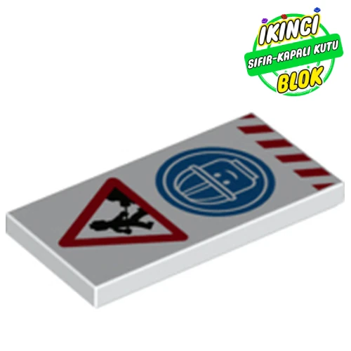 LEGO® Tile 2 x 4 with Road Works Sign, Blue Safety Helmet Symbol, Red Warning Stripes Beyaz Sıfır