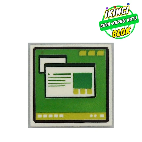 LEGO® Tile 2 x 2 with Computer Monitor, Green Screen, Lime Buttons print Beyaz Sıfır