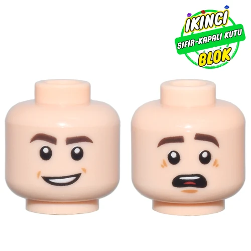 LEGO® Minifig Head, Dark Brown Eyebrows, Open Mouth Smile / Raised Eyebrows, Open Mouth Print Açık Nugat Sıfır