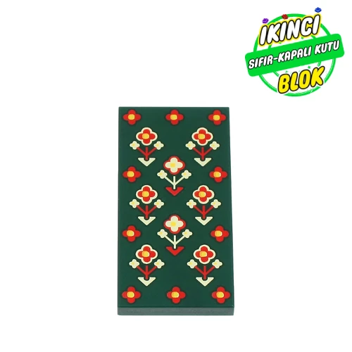LEGO® Tile 2 x 4 with Woven Rug, Red/Yellow/Gold Flowers print Koyu Yeşil Sıfır